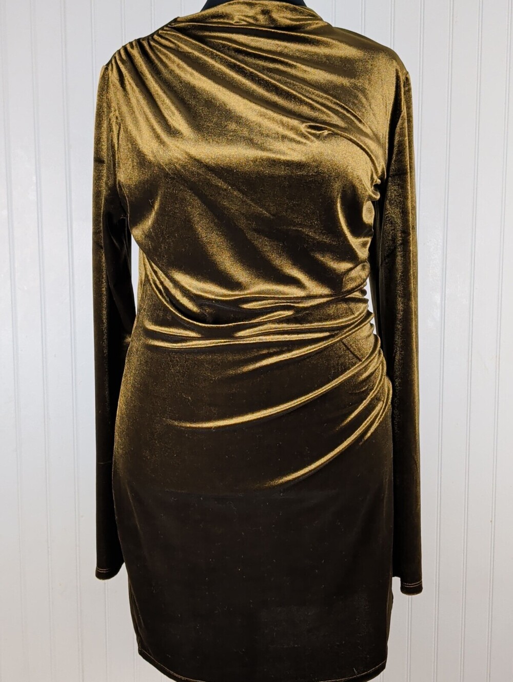 H&M Rich Metallic Brown Gold Velvet Long Sleeve Bodycon Cocktail Dress Large